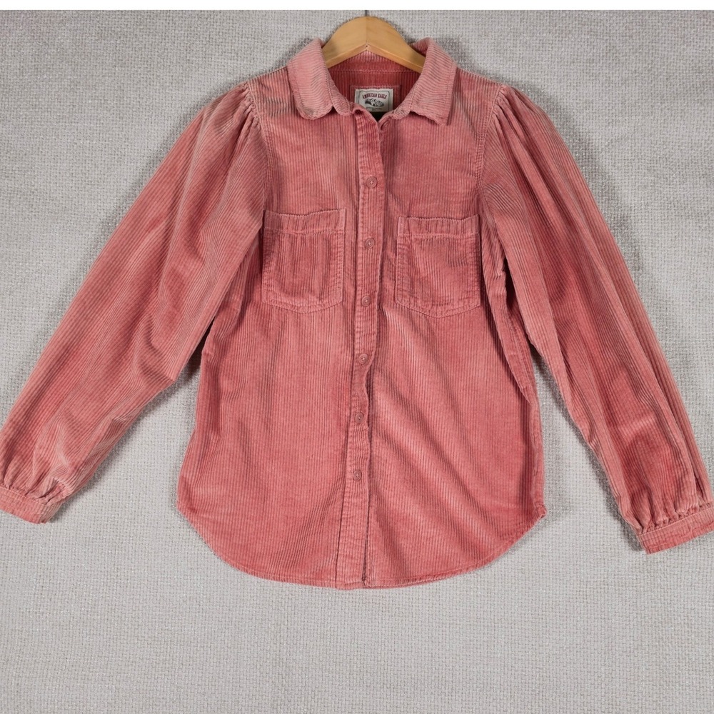 American Eagle Corduroy Puff Sleeve Button Up Shirt Pink‎ Size XS